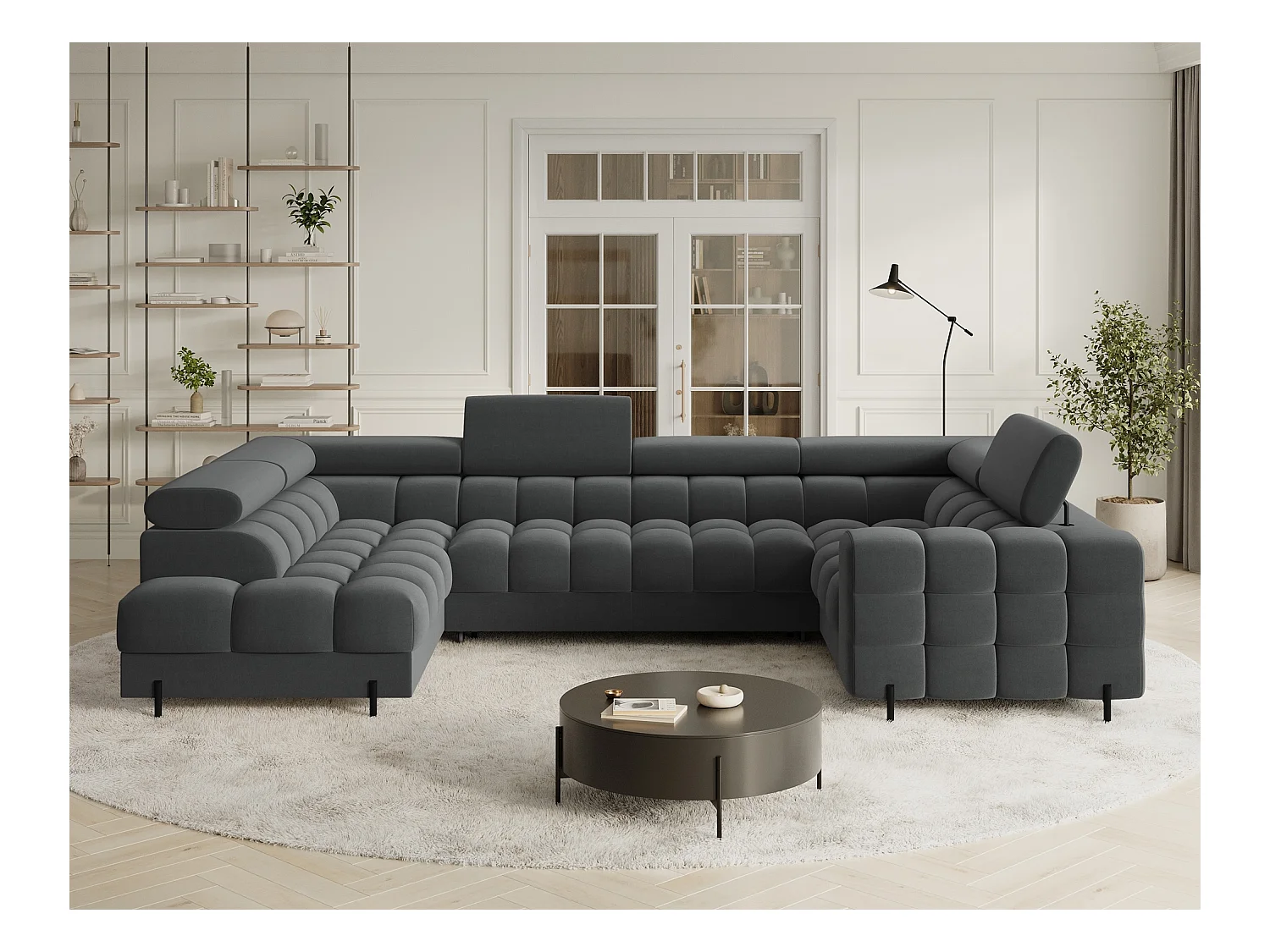 Grand canapé en U en tissu KARBON – Avec fonction lit et coffre-Gris anthracite-Méridienne A gauche