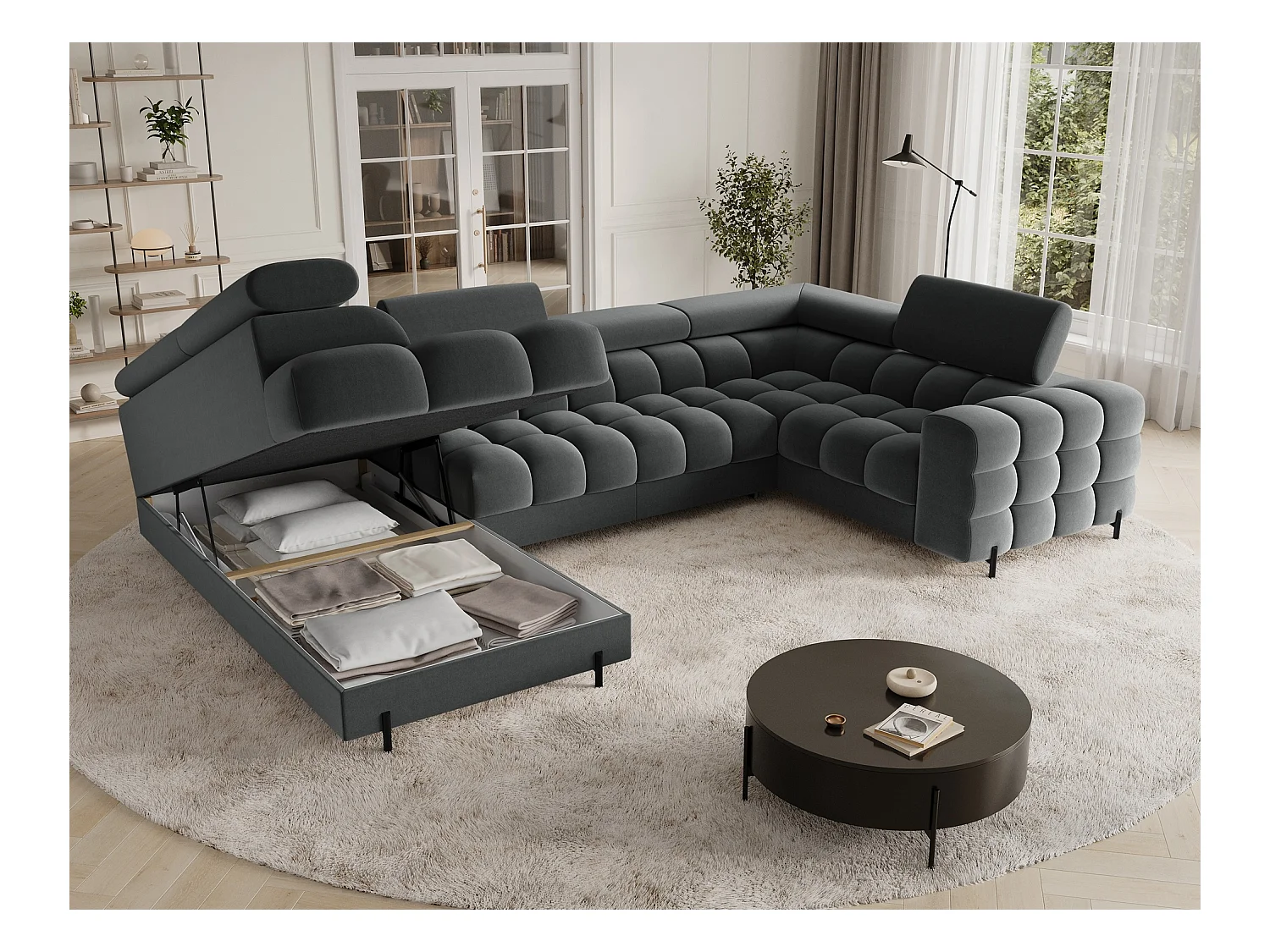 Grand canapé en U en tissu KARBON – Avec fonction lit et coffre-Gris anthracite-Méridienne A gauche