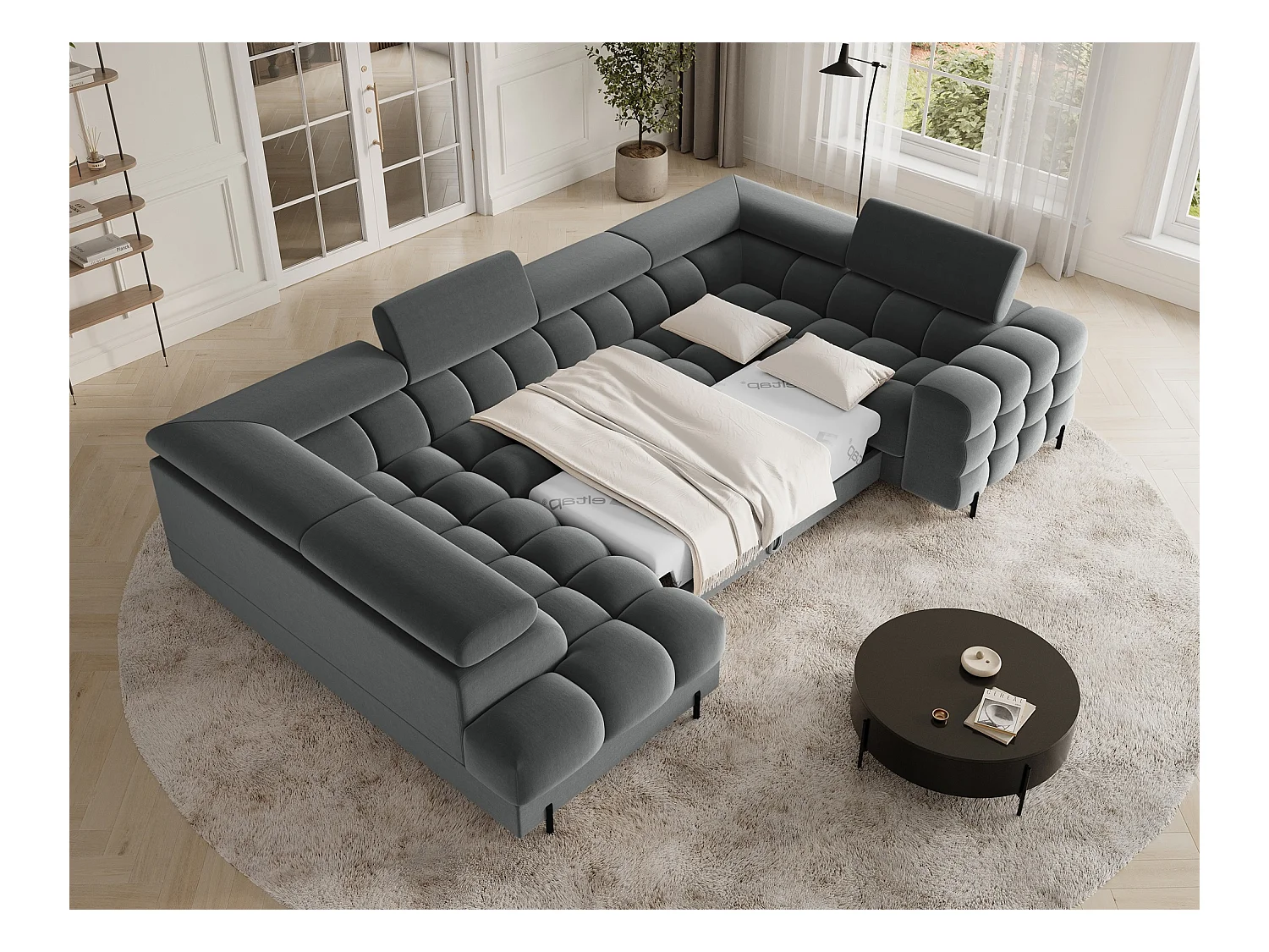 Grand canapé en U en tissu KARBON – Avec fonction lit et coffre-Gris anthracite-Méridienne A gauche