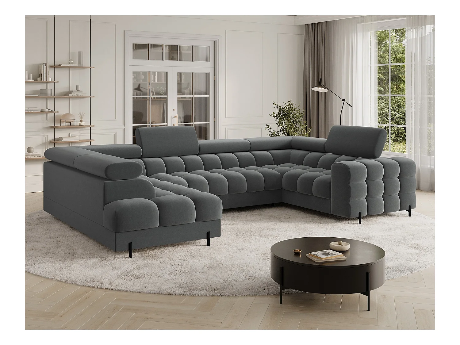 Grand canapé en U en tissu KARBON – Avec fonction lit et coffre-Gris anthracite-Méridienne A gauche