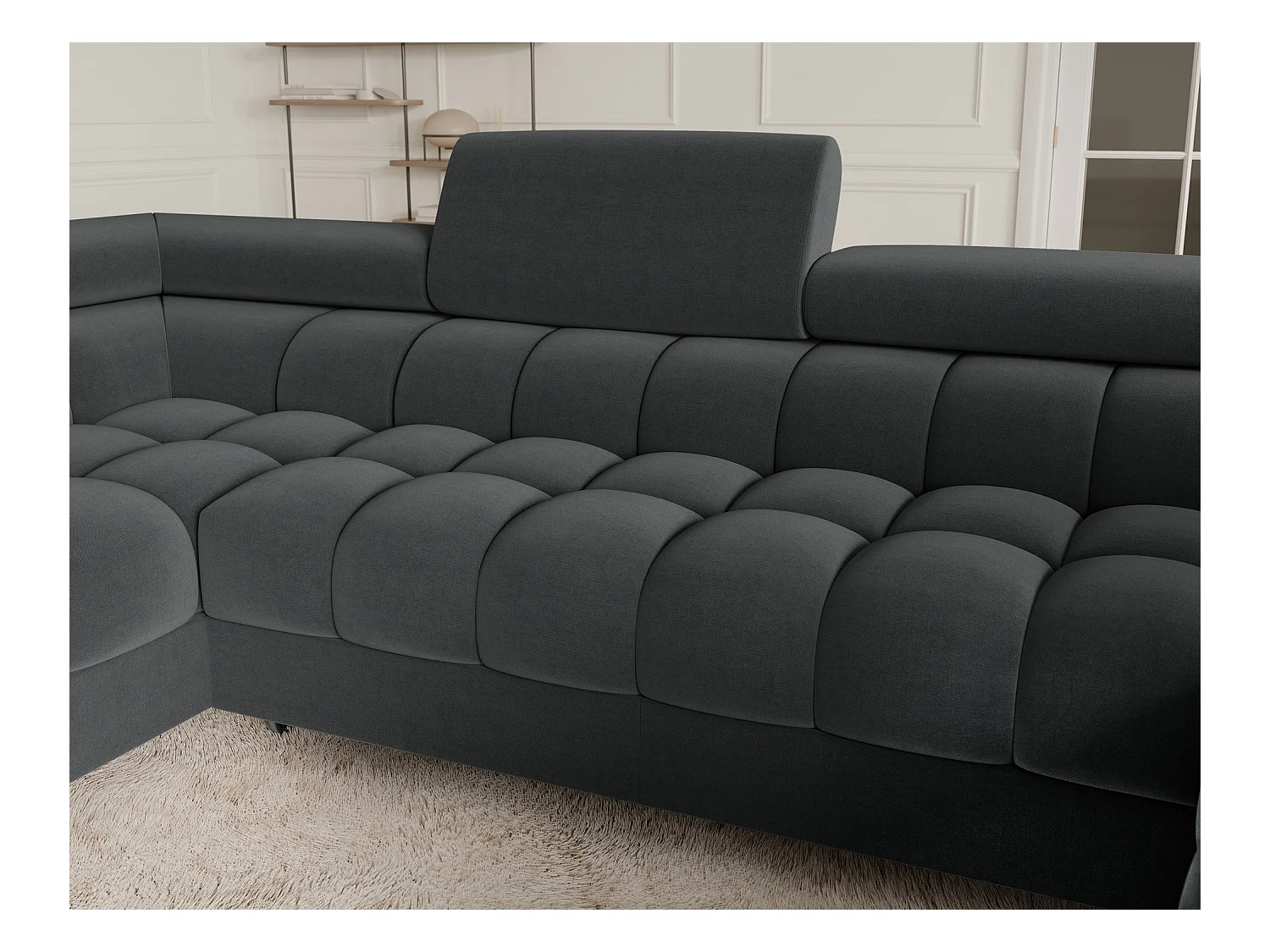 Grand canapé en U en tissu KARBON – Avec fonction lit et coffre-Gris anthracite-Méridienne A gauche