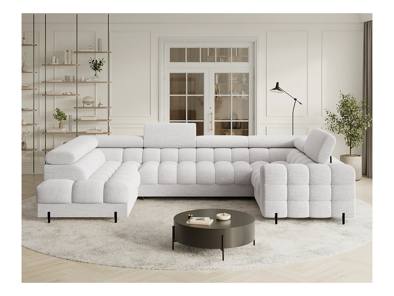 Divano angolare Brasilia UL/rivestimento in tessuto/contenitore letto e letto/Blanc Bouclé