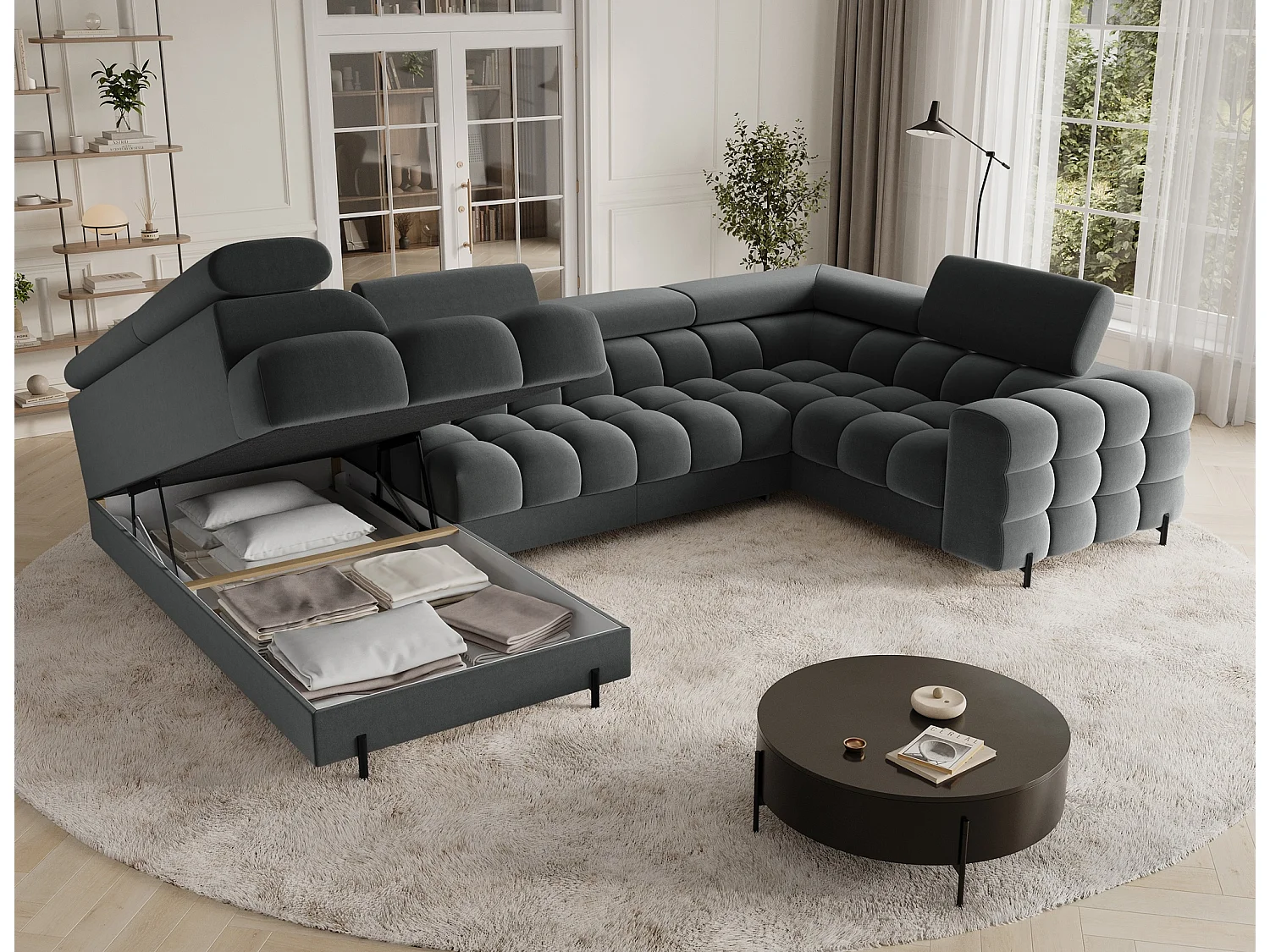 Grand canapé en U en tissu KARBON – Avec fonction lit et coffre-Gris anthracite-Méridienne A gauche