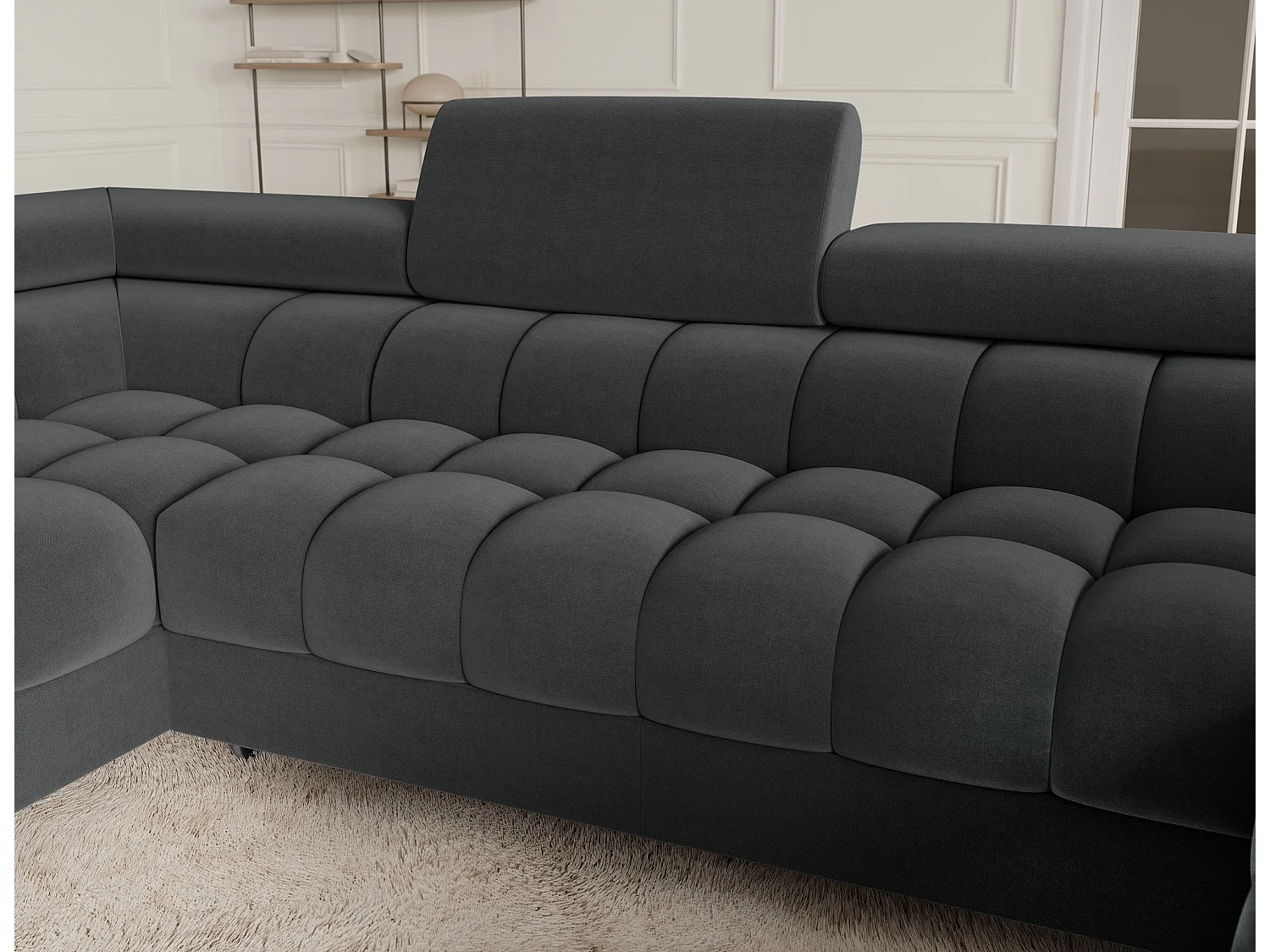 Grand canapé en U en tissu KARBON – Avec fonction lit et coffre-Gris anthracite-Méridienne A gauche