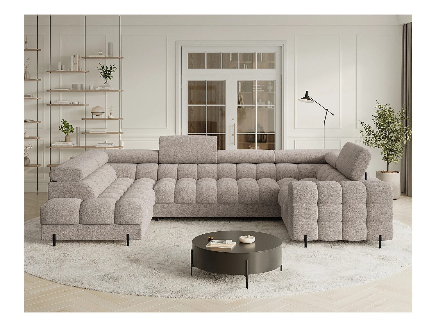 Grand canapé en U en tissu KARBON – Avec fonction lit et coffre-Beige-Méridienne A gauche