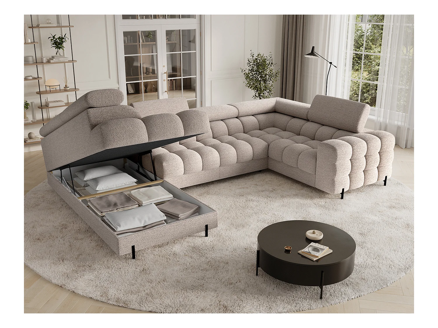 Grand canapé en U en tissu KARBON – Avec fonction lit et coffre-Beige-Méridienne A gauche