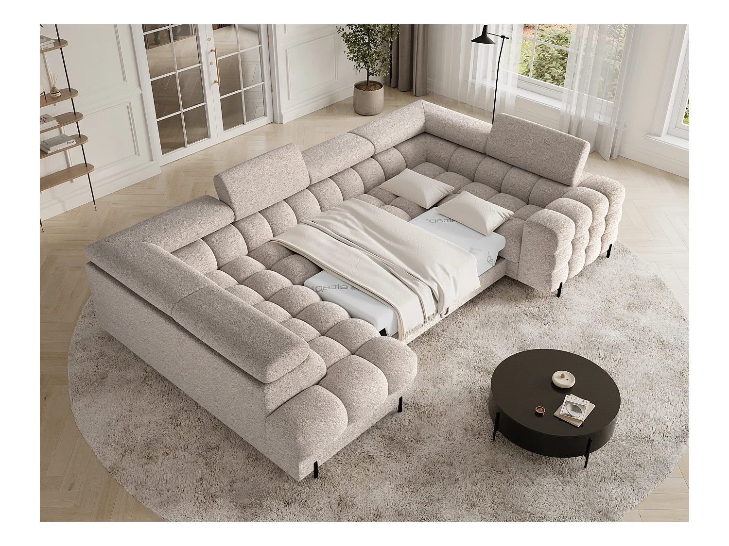 Grand canapé en U en tissu KARBON – Avec fonction lit et coffre-Beige-Méridienne A gauche