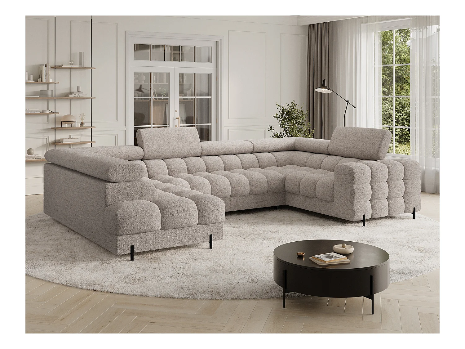 Grand canapé en U en tissu KARBON – Avec fonction lit et coffre-Beige-Méridienne A gauche