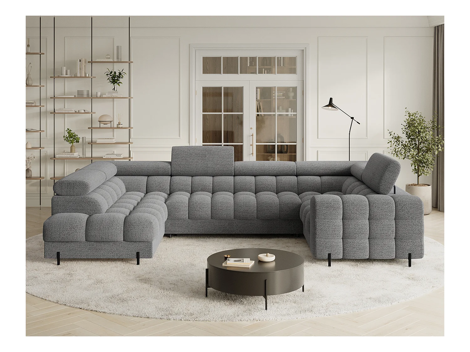 Divano angolare Brasilia UL/rivestimento in tessuto/contenitore letto e letto/ Gris-Bouclé
