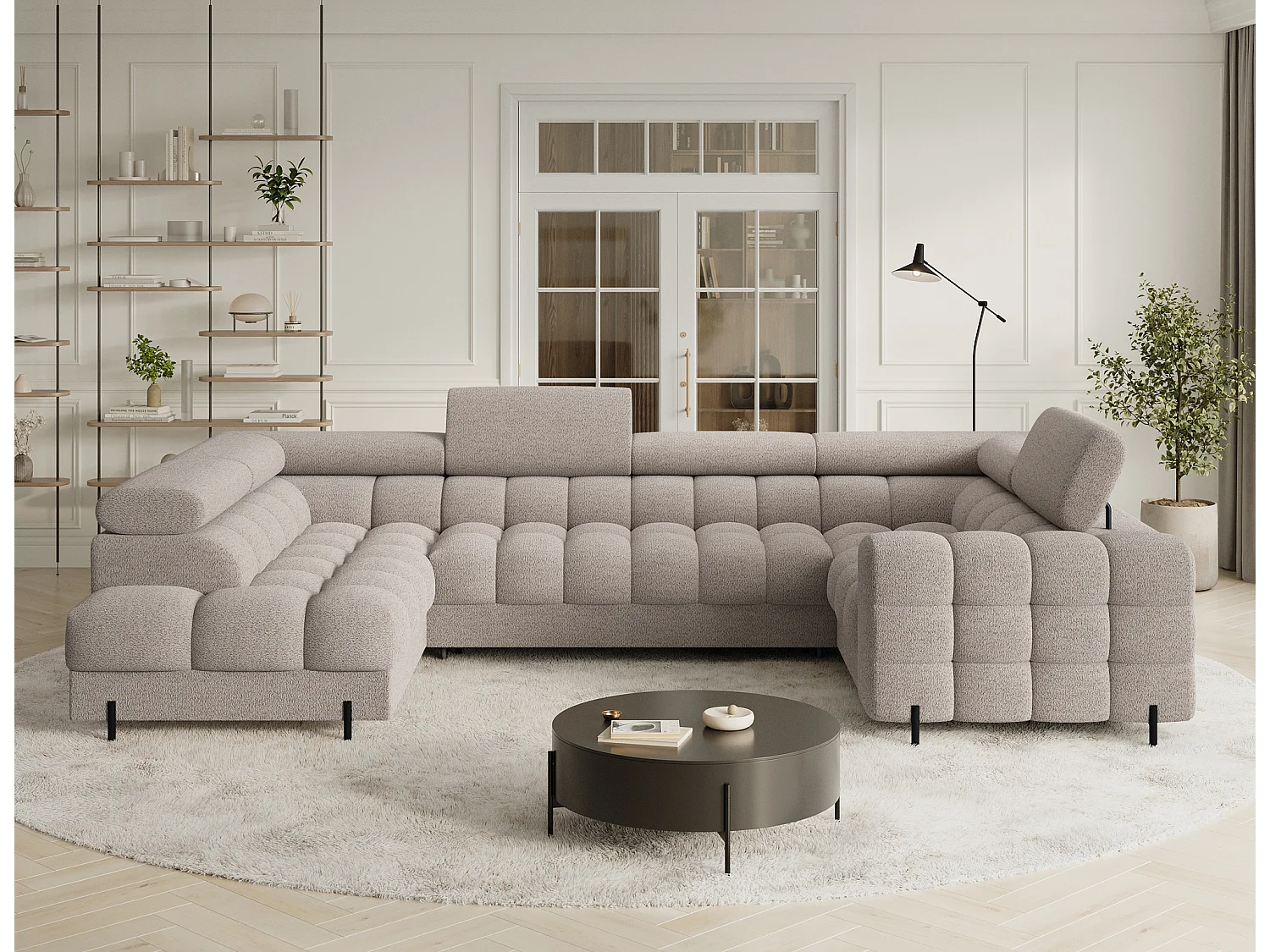 Grand canapé en U en tissu KARBON – Avec fonction lit et coffre-Beige-Méridienne A gauche