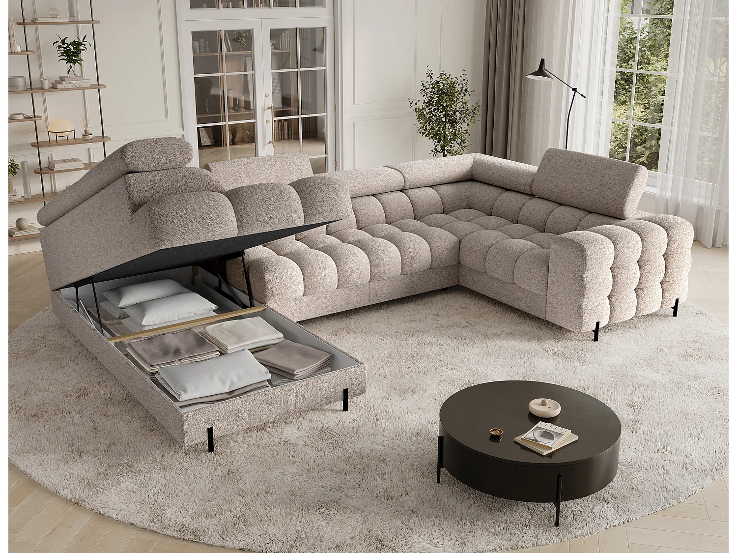 Grand canapé en U en tissu KARBON – Avec fonction lit et coffre-Beige-Méridienne A gauche