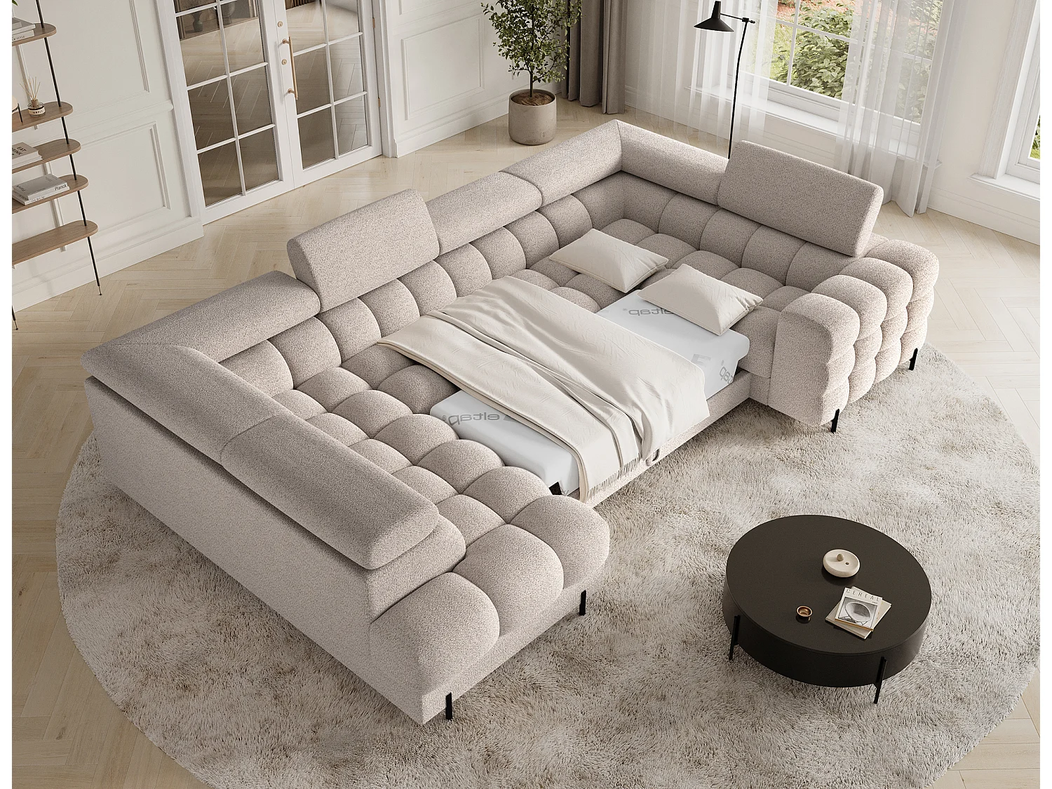 Grand canapé en U en tissu KARBON – Avec fonction lit et coffre-Beige-Méridienne A gauche