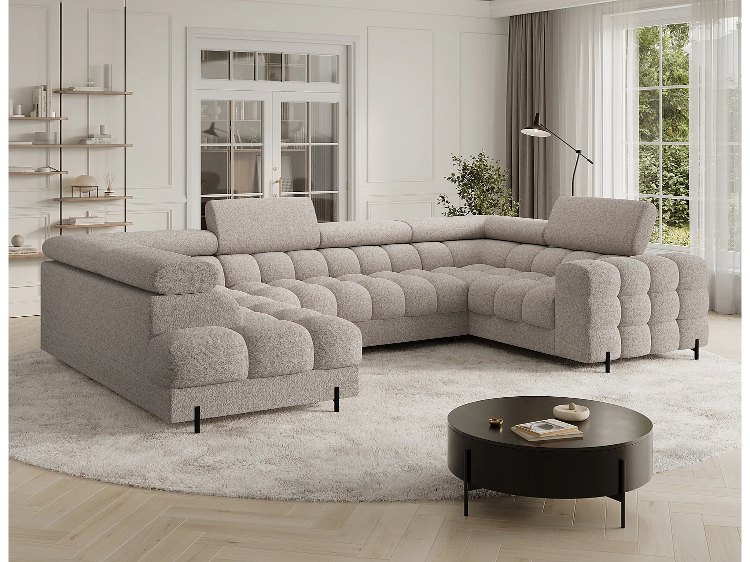 Grand canapé en U en tissu KARBON – Avec fonction lit et coffre-Beige-Méridienne A gauche