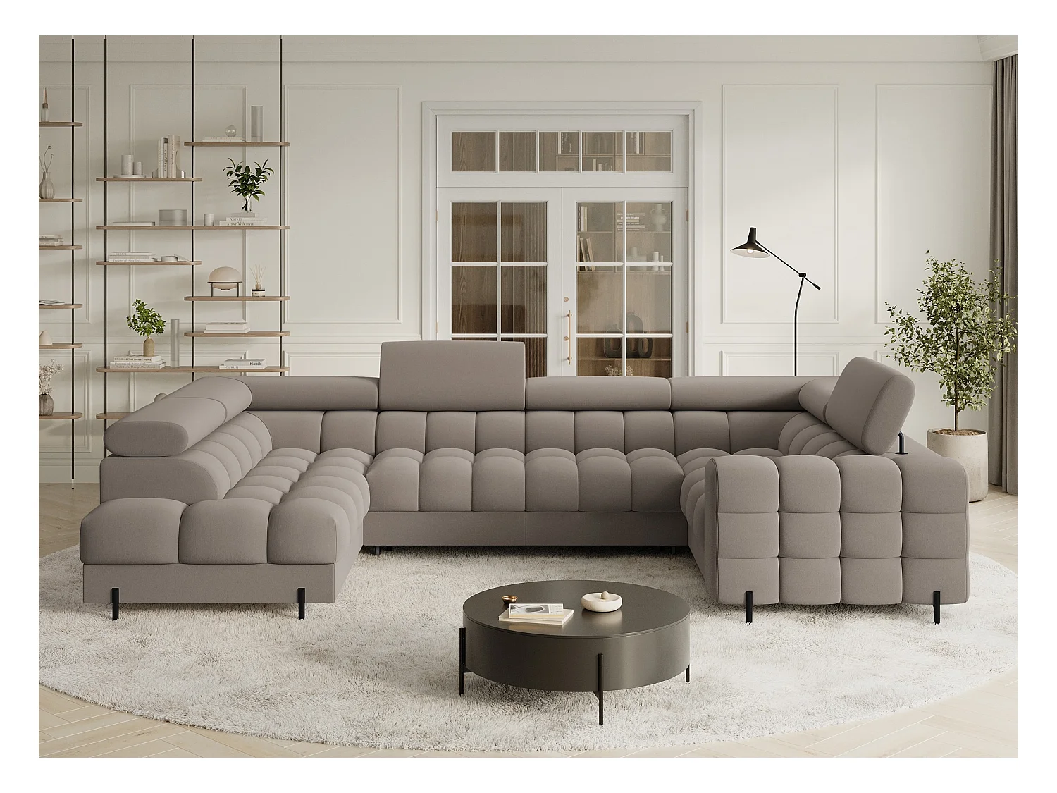 Grand canapé en U en tissu KARBON – Avec fonction lit et coffre-Taupe-Méridienne A gauche