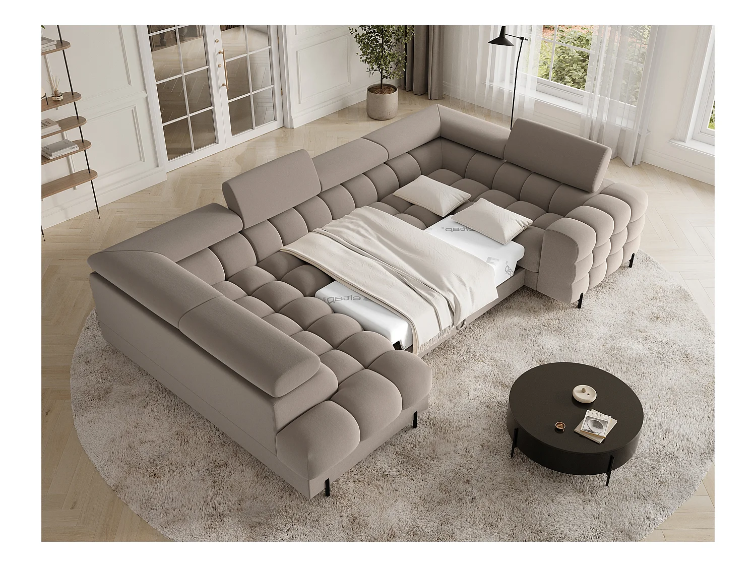 Grand canapé en U en tissu KARBON – Avec fonction lit et coffre-Taupe-Méridienne A gauche