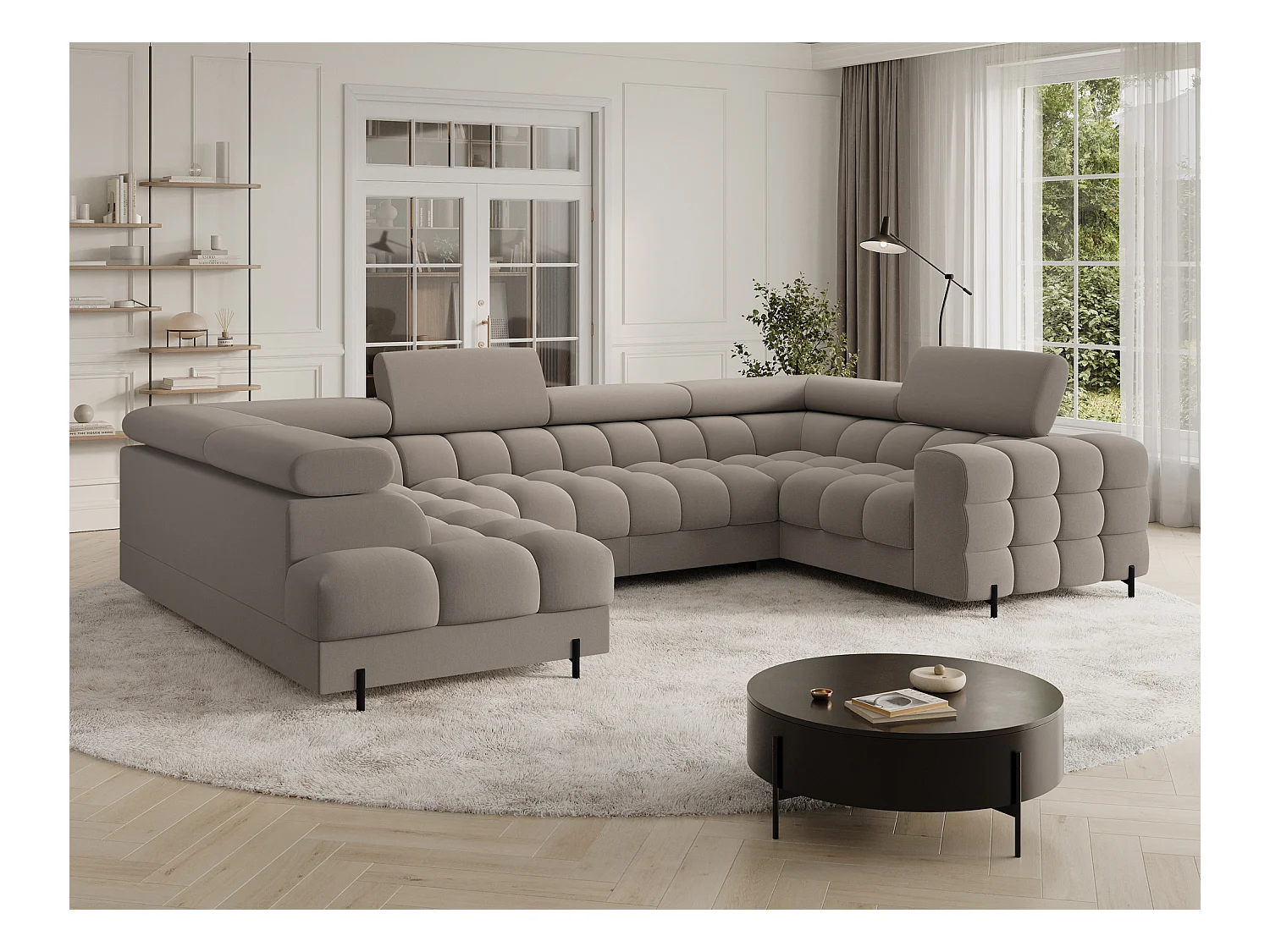 Grand canapé en U en tissu KARBON – Avec fonction lit et coffre-Taupe-Méridienne A gauche