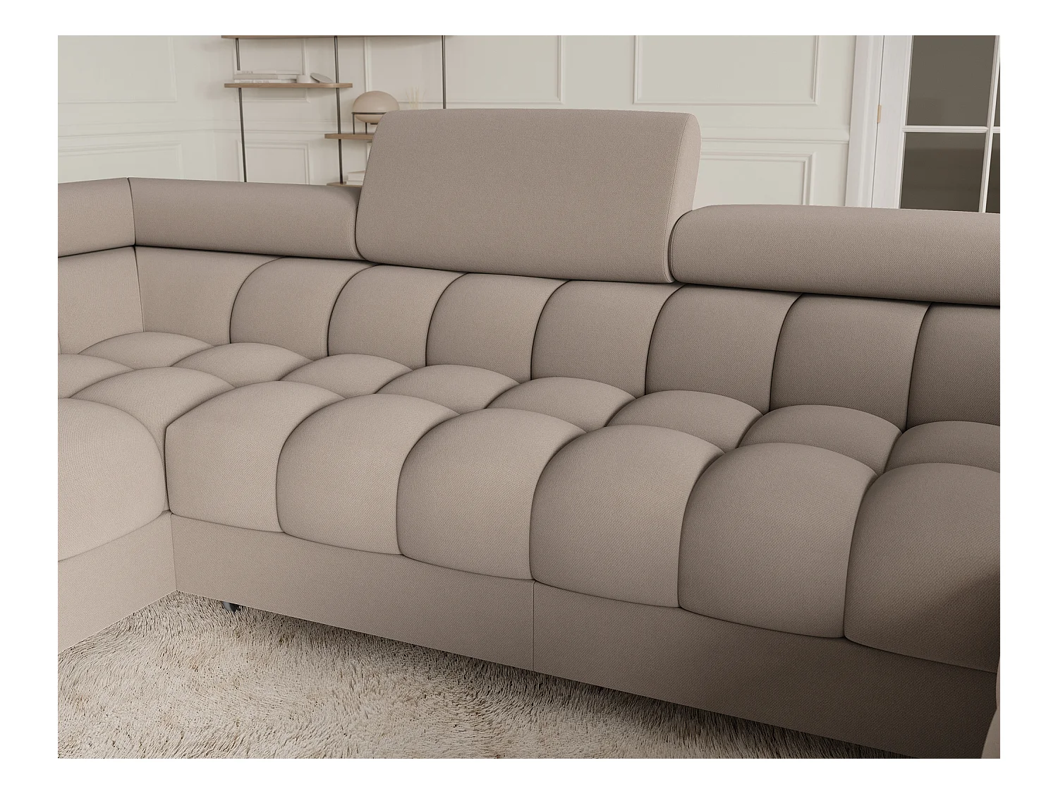 Grand canapé en U en tissu KARBON – Avec fonction lit et coffre-Taupe-Méridienne A gauche