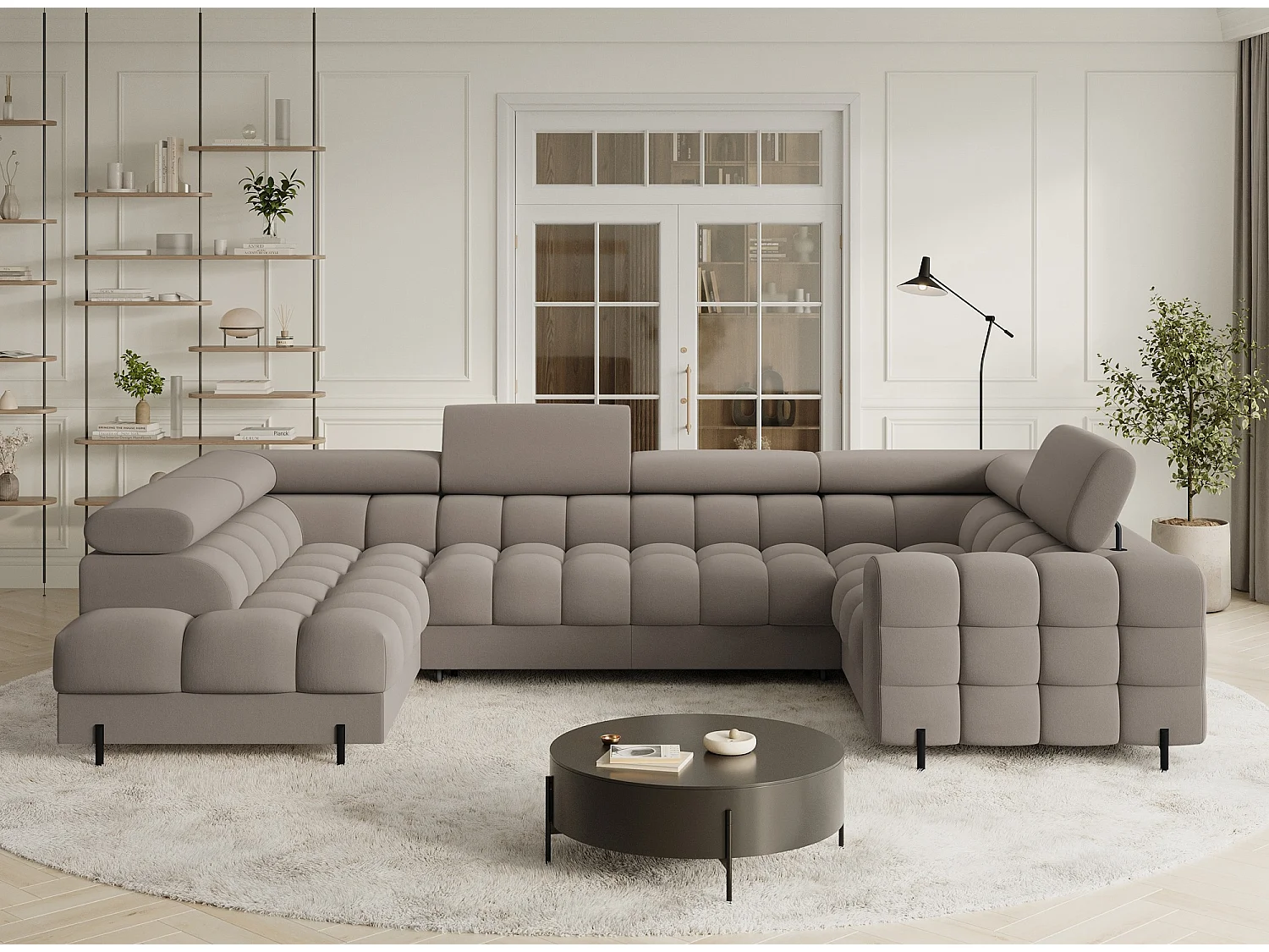 Grand canapé en U en tissu KARBON – Avec fonction lit et coffre-Taupe-Méridienne A gauche