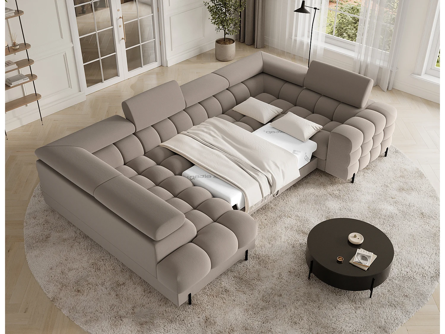 Grand canapé en U en tissu KARBON – Avec fonction lit et coffre-Taupe-Méridienne A gauche