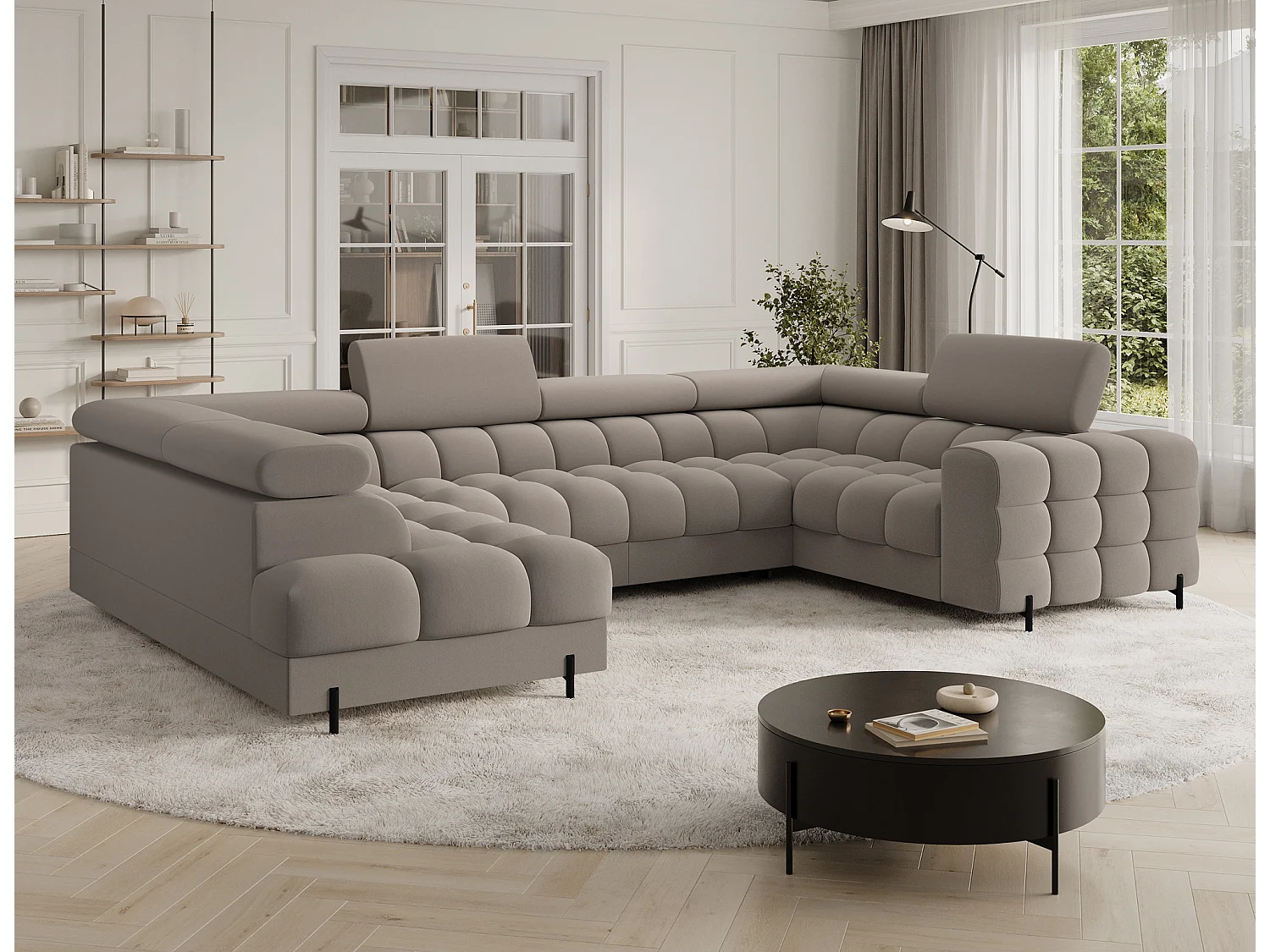 Grand canapé en U en tissu KARBON – Avec fonction lit et coffre-Taupe-Méridienne A gauche