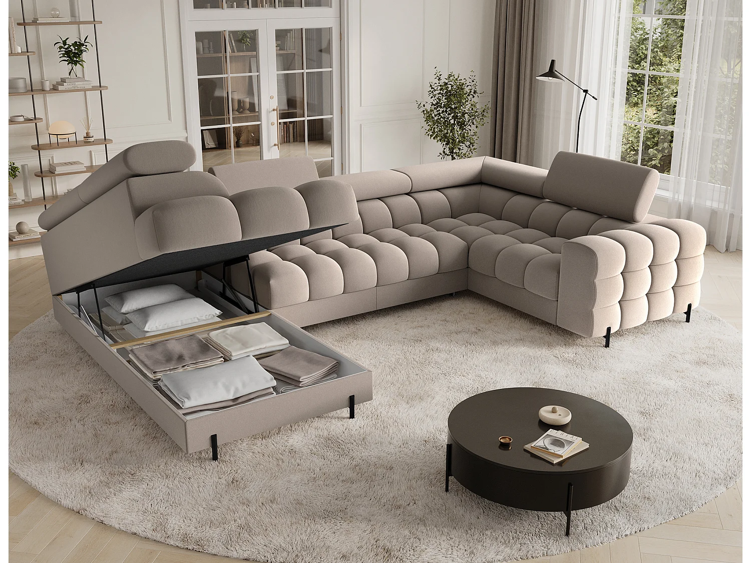 Canapé d'angle convertible 5 places avec coffre en tissu taupe KARBON