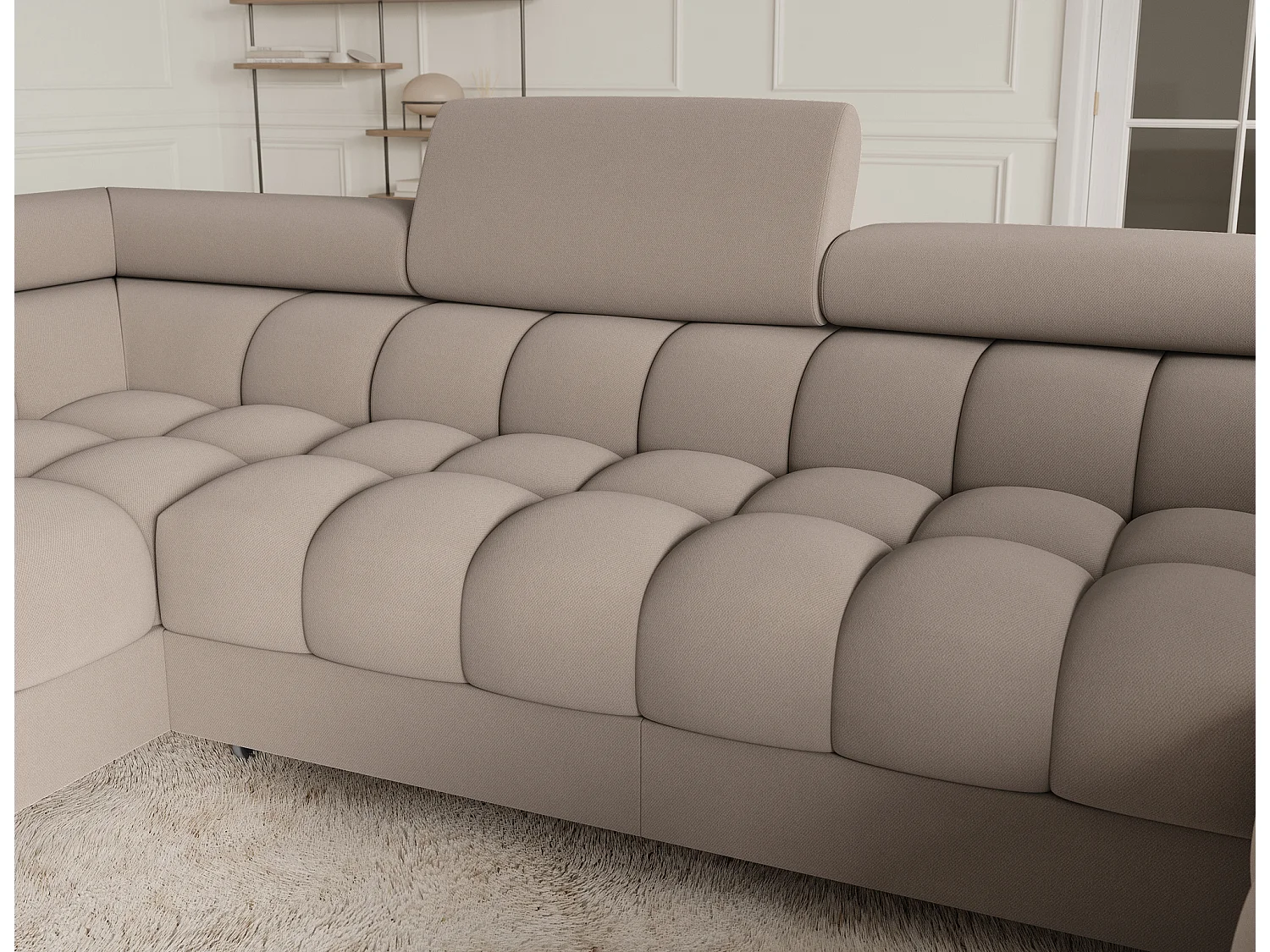 Canapé d'angle convertible 5 places avec coffre en tissu taupe KARBON