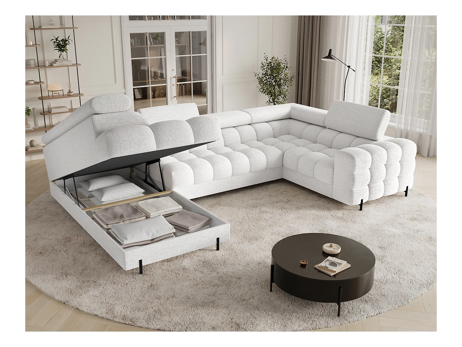 Grand canapé en U en tissu KARBON – Avec fonction lit et coffre-Blanc-Méridienne A gauche