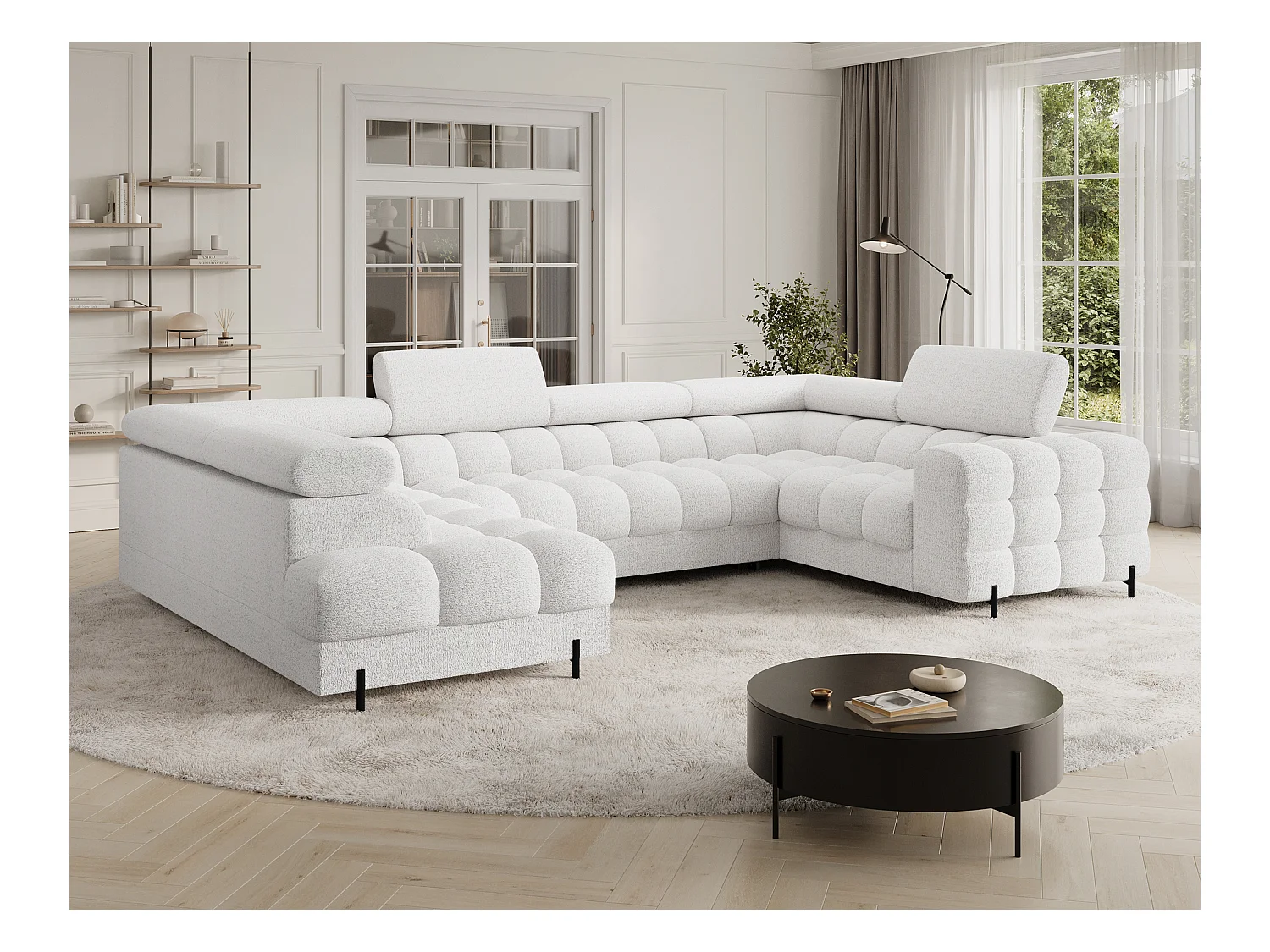 Grand canapé en U en tissu KARBON – Avec fonction lit et coffre-Blanc-Méridienne A gauche