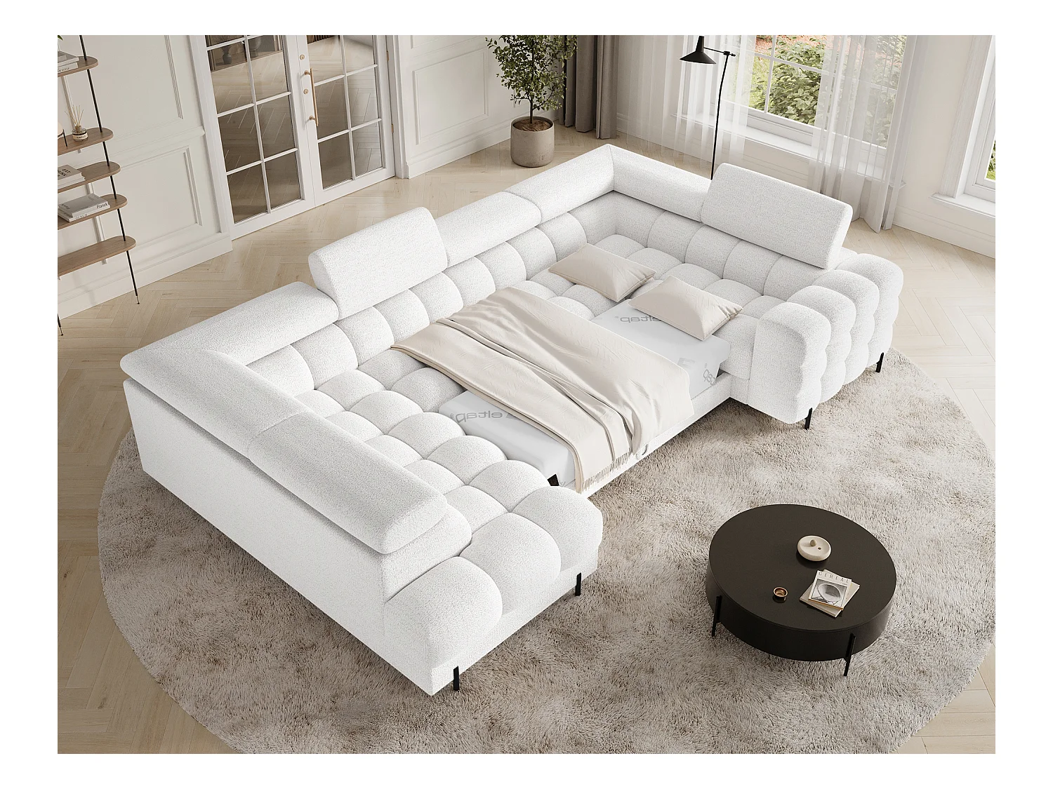 Grand canapé en U en tissu KARBON – Avec fonction lit et coffre-Blanc-Méridienne A gauche