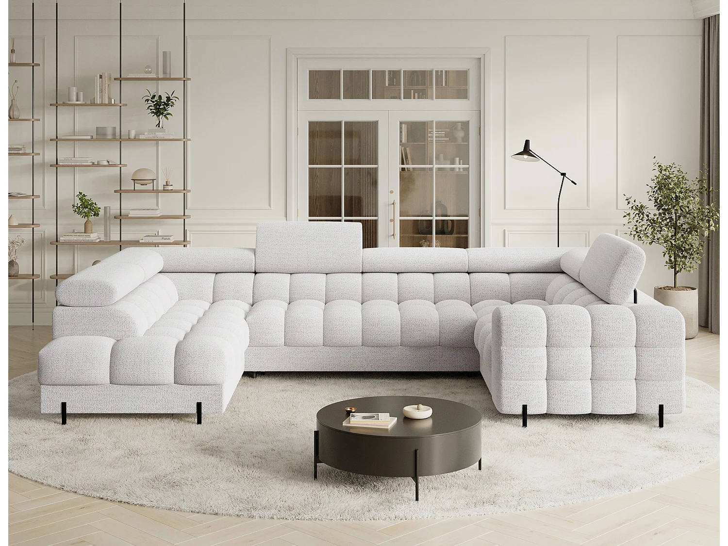 Grand canapé en U en tissu KARBON – Avec fonction lit et coffre-Blanc-Méridienne A gauche