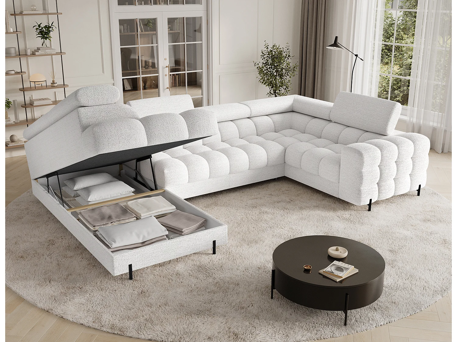 Grand canapé en U en tissu KARBON – Avec fonction lit et coffre-Blanc-Méridienne A gauche