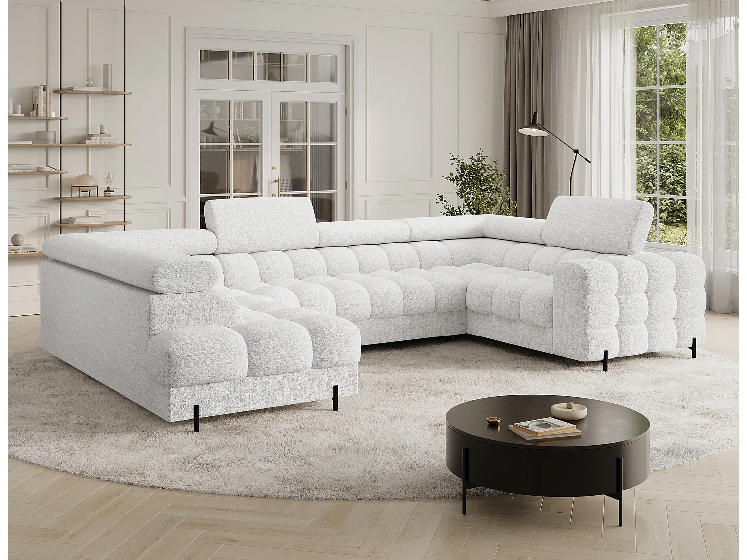 Grand canapé en U en tissu KARBON – Avec fonction lit et coffre-Blanc-Méridienne A gauche