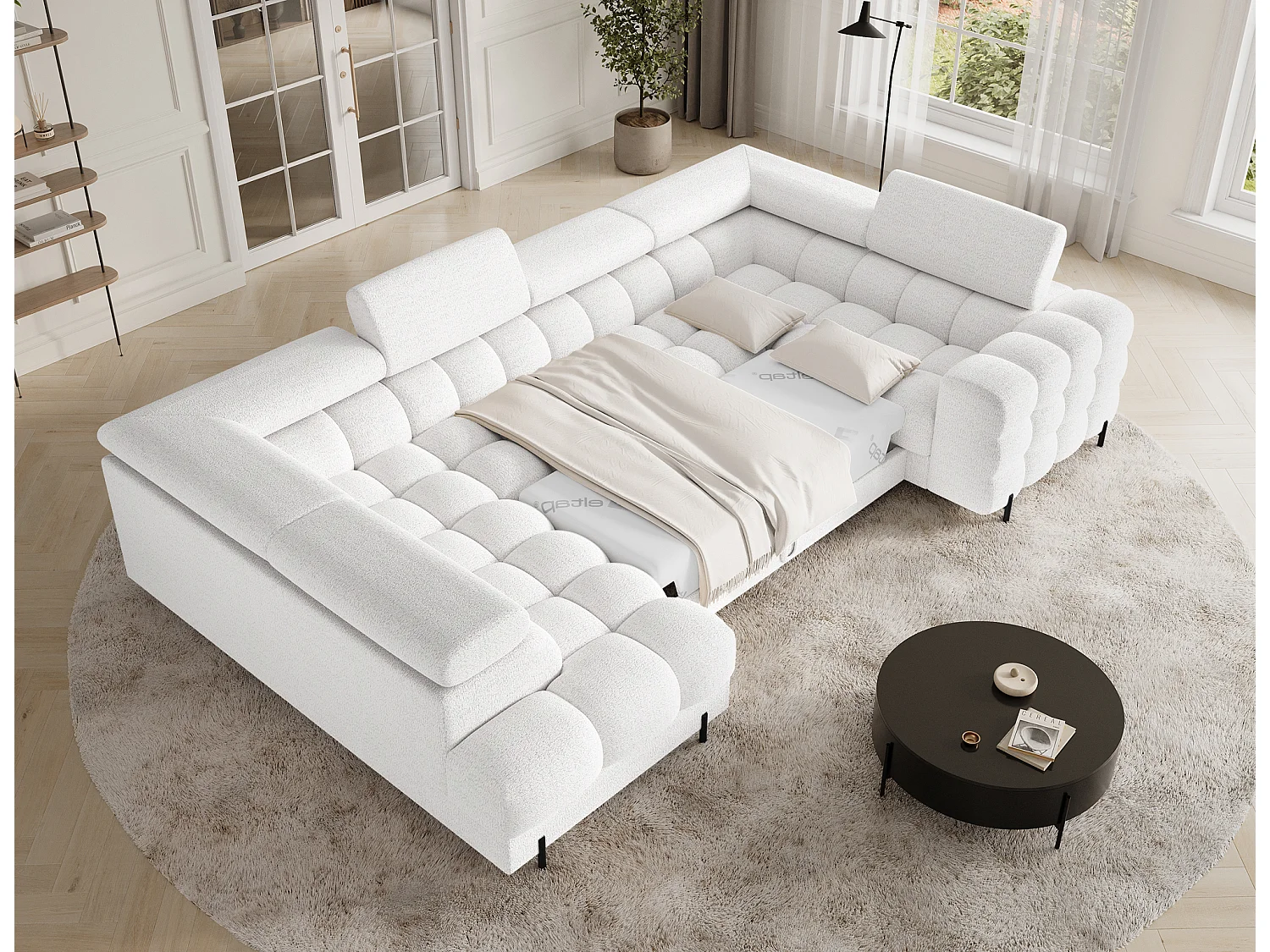 Grand canapé en U en tissu KARBON – Avec fonction lit et coffre-Blanc-Méridienne A gauche