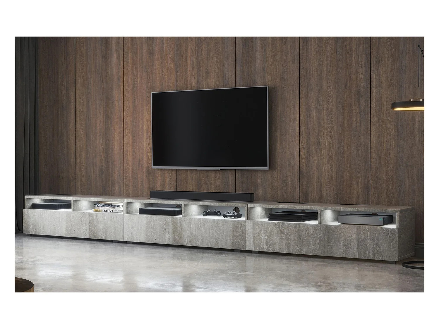 Meuble TV - 3 tiroirs - aspect béton LED - 300 cm - REDNAW