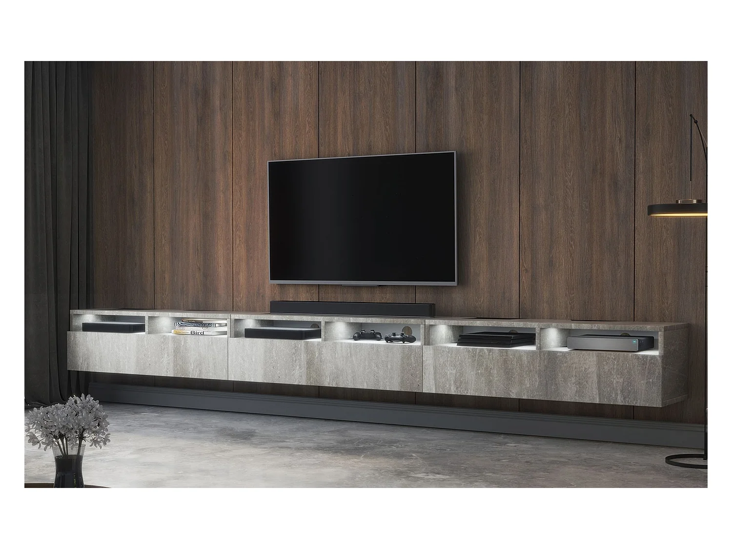 Meuble TV - 3 tiroirs - aspect béton LED - 300 cm - REDNAW