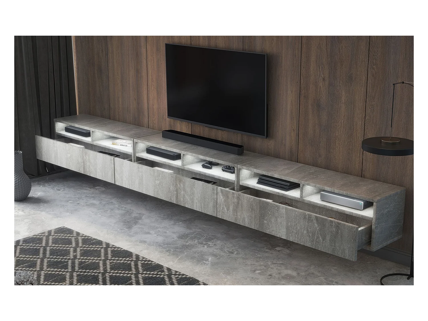 Meuble TV - 3 tiroirs - aspect béton LED - 300 cm - REDNAW