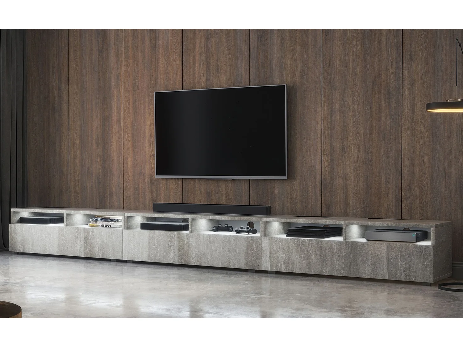 Meuble TV - 3 tiroirs - aspect béton LED - 300 cm - REDNAW