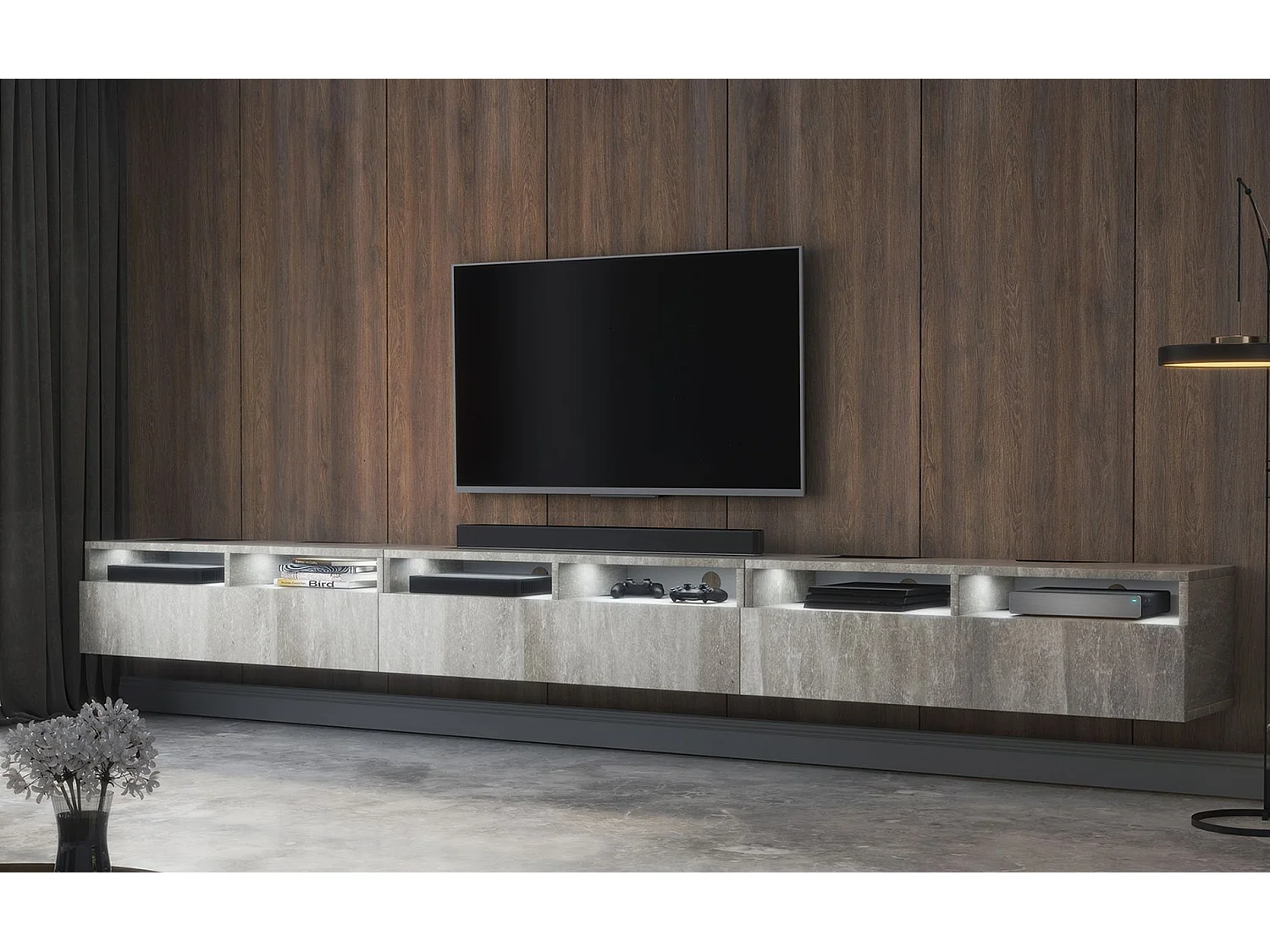 Meuble TV - 3 tiroirs - aspect béton LED - 300 cm - REDNAW