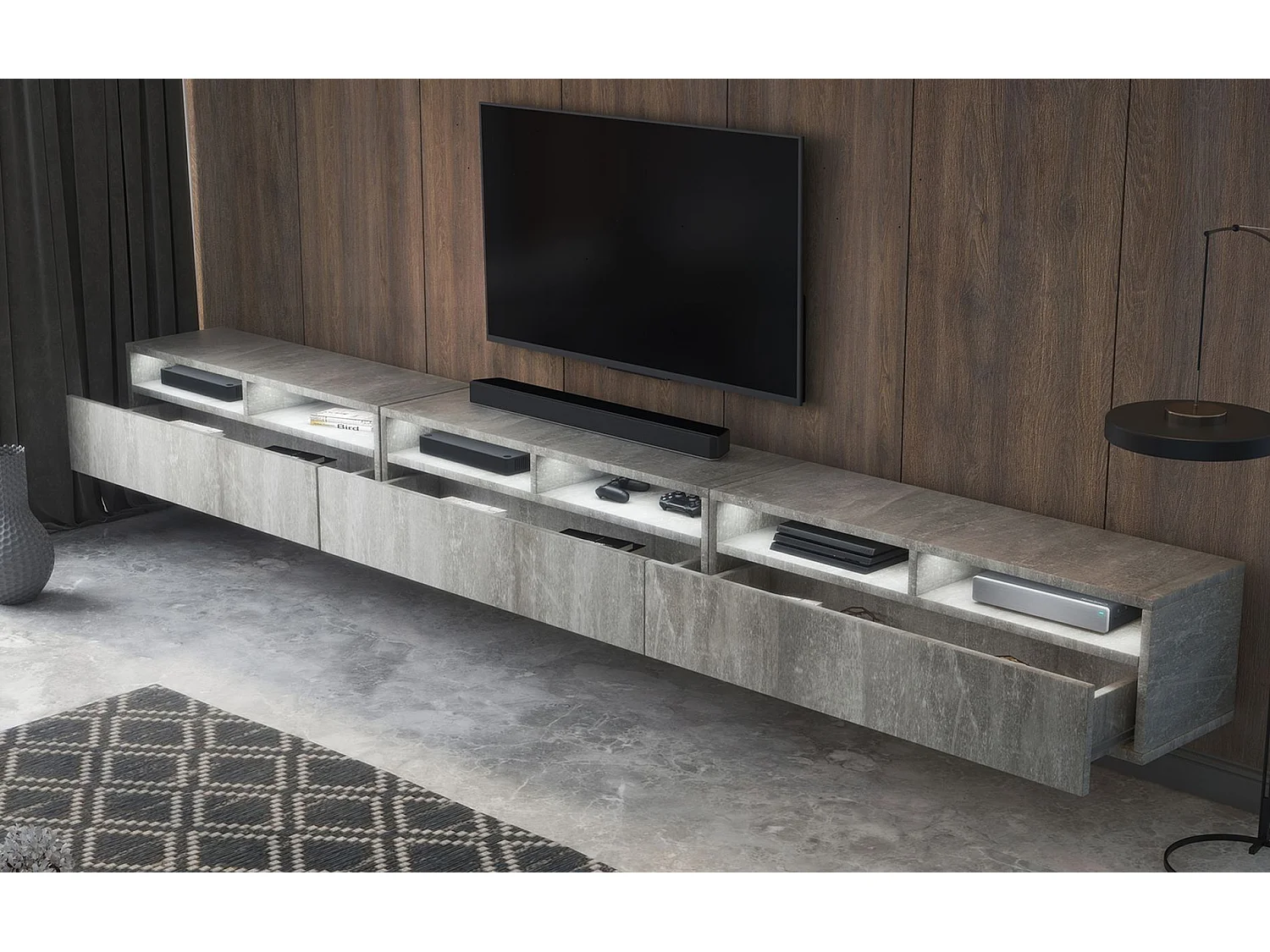 Meuble TV - 3 tiroirs - aspect béton LED - 300 cm - REDNAW