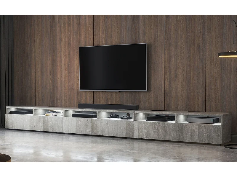 Meuble TV - 3 tiroirs - aspect béton LED - 300 cm - REDNAW