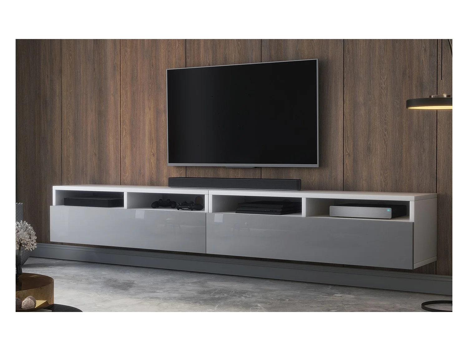 Meuble TV - 2 tiroirs - blanc mat/gris brillant - 200 cm - REDNAW