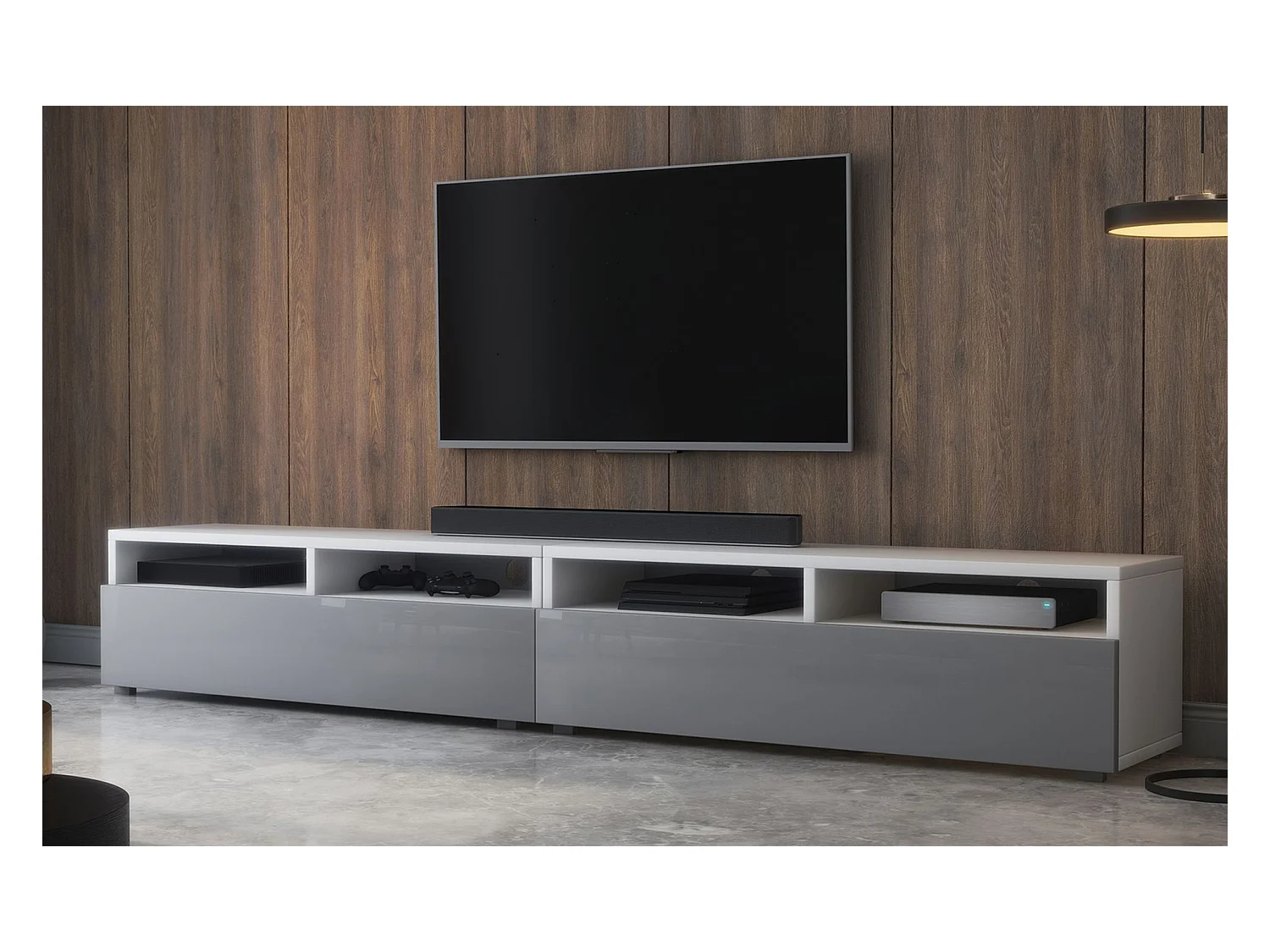 Meuble TV - 2 tiroirs - blanc mat/gris brillant - 200 cm - REDNAW