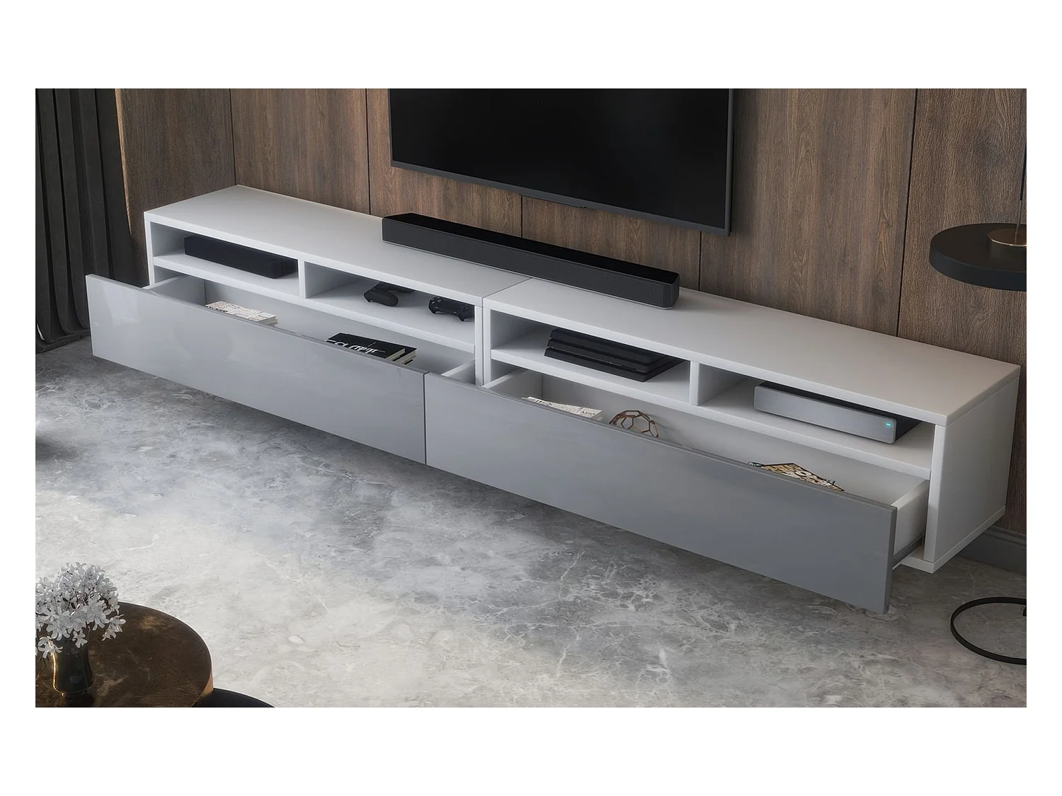 Meuble TV - 2 tiroirs - blanc mat/gris brillant - 200 cm - REDNAW