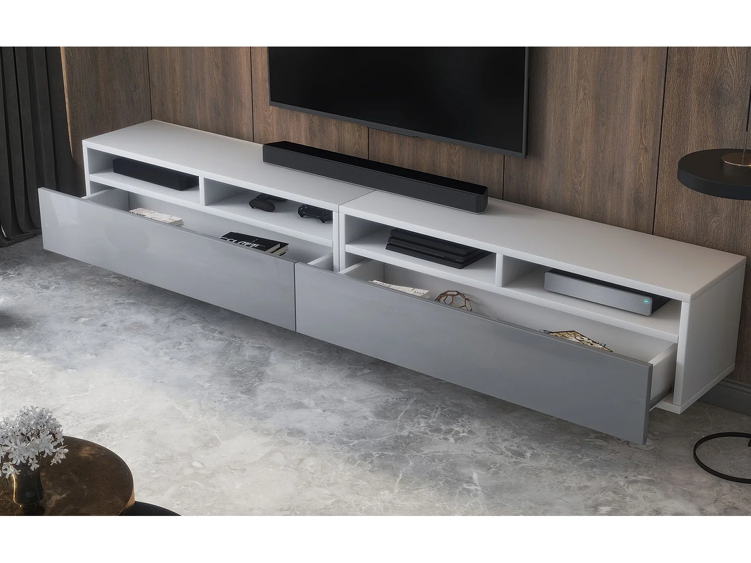 Mobile TV - bianco opaco / grigio lucido - 200 cm - REDNAW