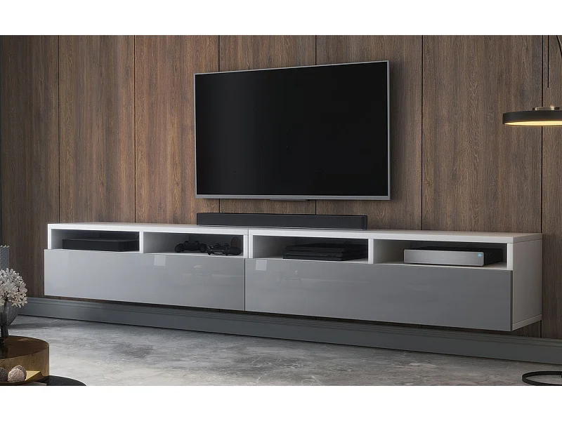 Meuble TV - 2 tiroirs - blanc mat/gris brillant - 200 cm - REDNAW