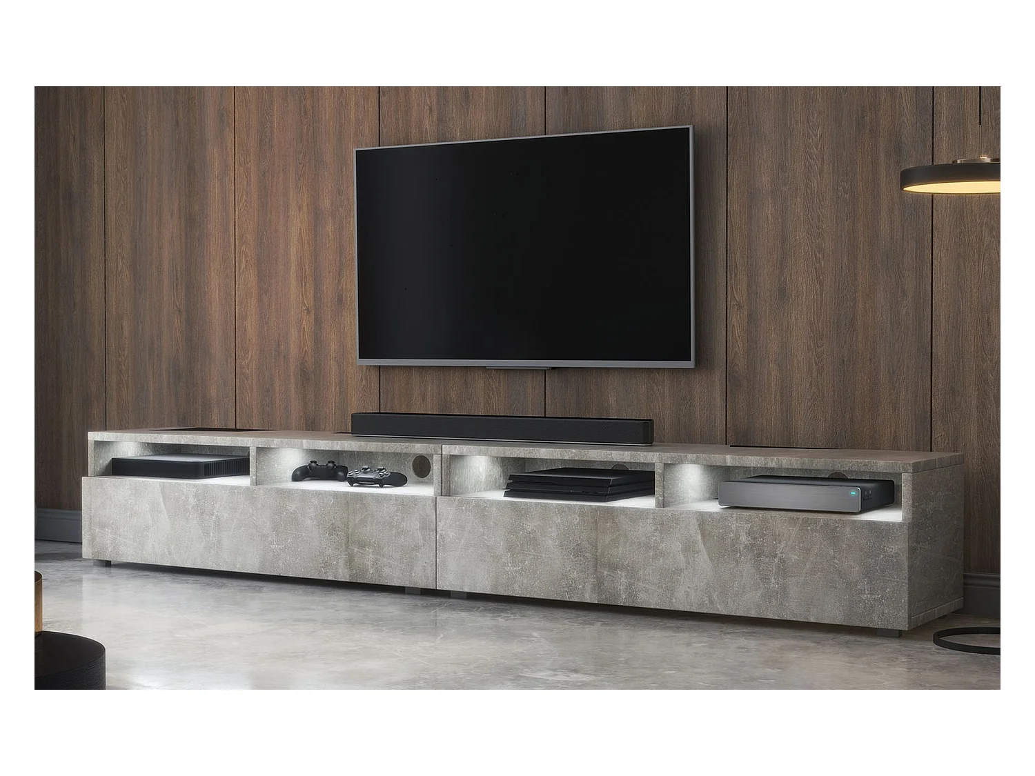 Meuble TV - 2 tiroirs - aspect béton LED - 200 cm - REDNAW