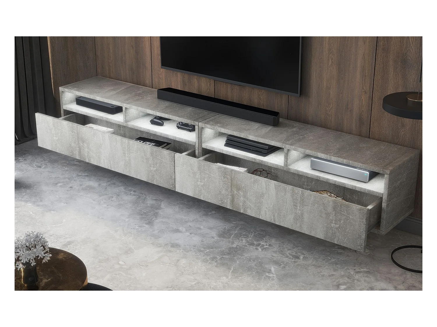 Meuble TV - 2 tiroirs - aspect béton LED - 200 cm - REDNAW