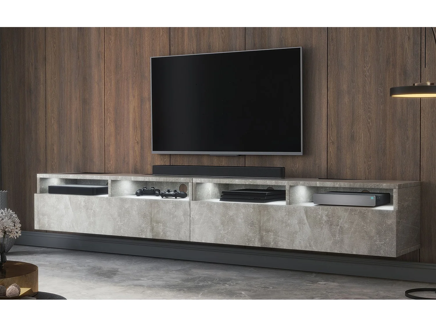 Meuble TV - 2 tiroirs - aspect béton LED - 200 cm - REDNAW