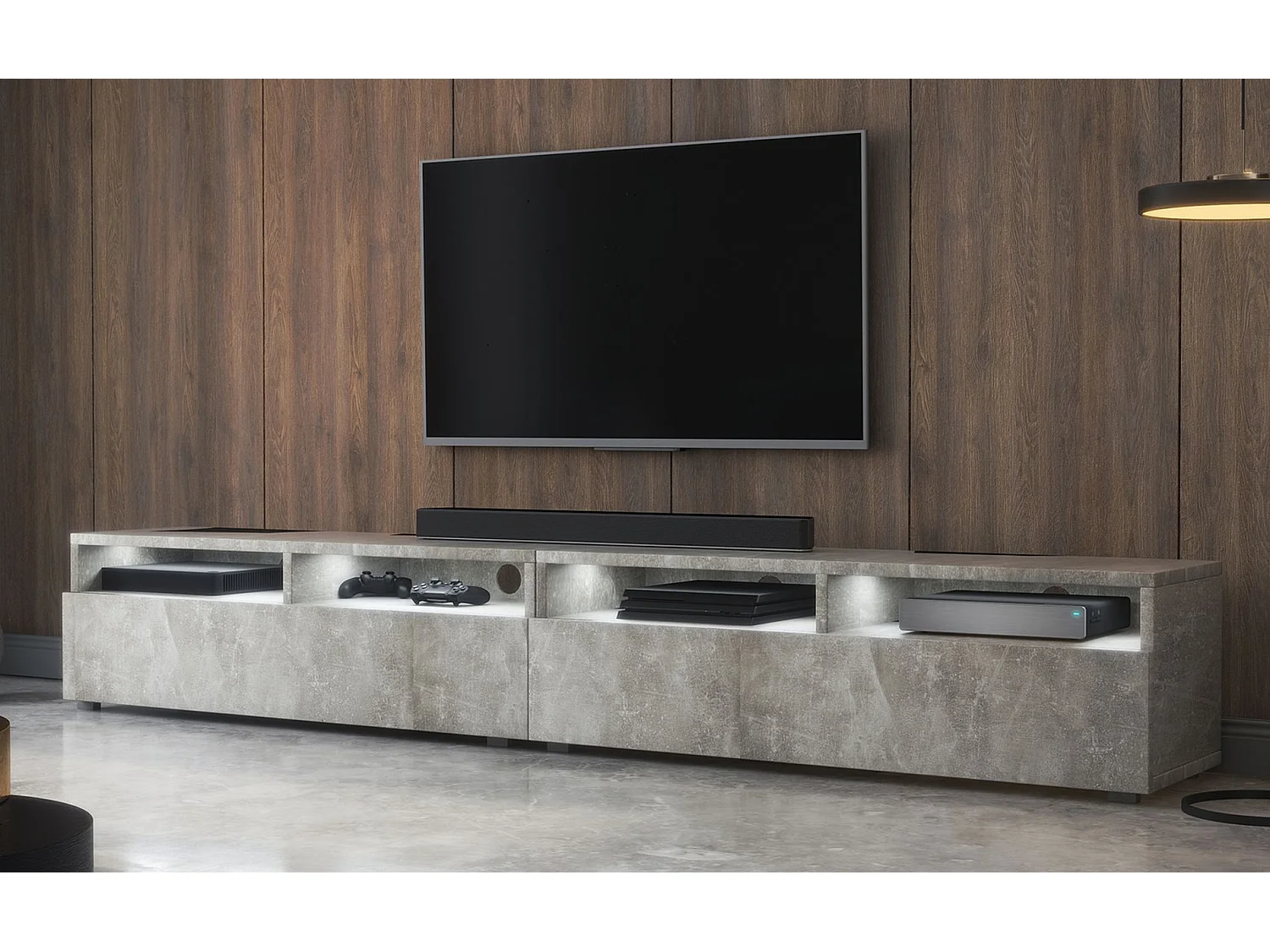 Meuble TV - 2 tiroirs - aspect béton LED - 200 cm - REDNAW