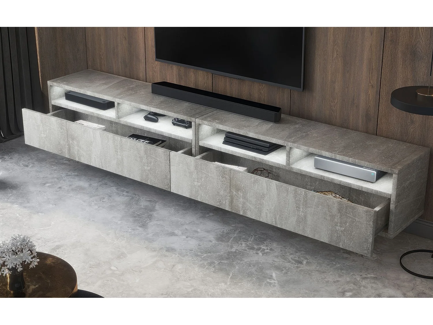 Meuble TV - 2 tiroirs - aspect béton LED - 200 cm - REDNAW